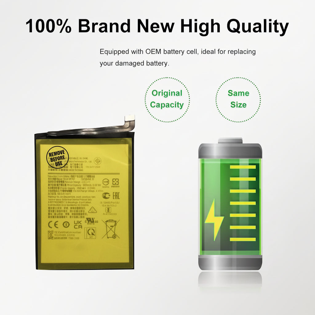 Battery replacement with text highlighting brand new quality, original capacity, and same size.