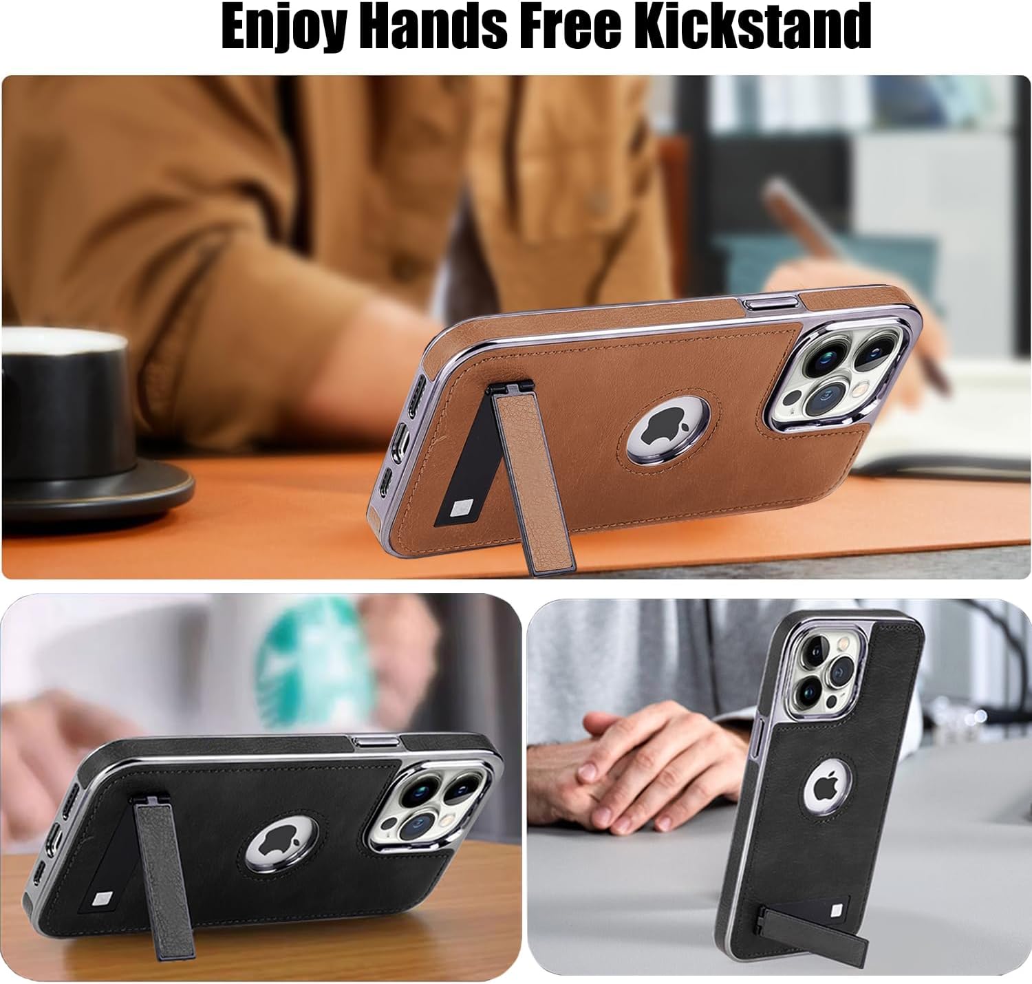 for iPhone 11 to 16 Pro Max Leather Case with Kickstand, 2 Adjustable Stand Modes, Retro Luxury Business Electroplated Edges Military-Grade Drop Protection Slim Cover