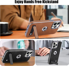 for iPhone 11 to 16 Pro Max Leather Case with Kickstand, 2 Adjustable Stand Modes, Retro Luxury Business Electroplated Edges Military-Grade Drop Protection Slim Cover