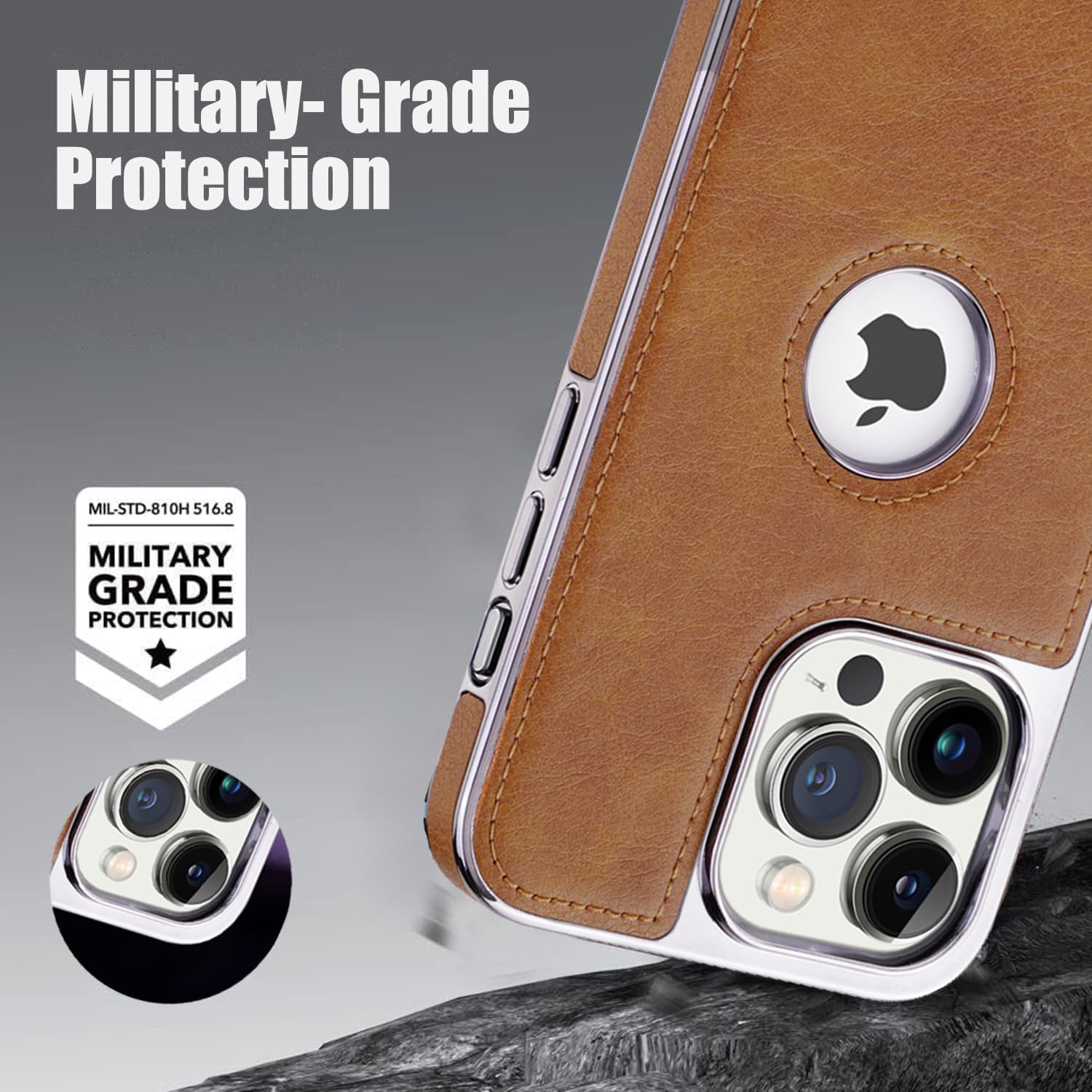 for iPhone 11 to 16 Pro Max Leather Case with Kickstand, 2 Adjustable Stand Modes, Retro Luxury Business Electroplated Edges Military-Grade Drop Protection Slim Cover