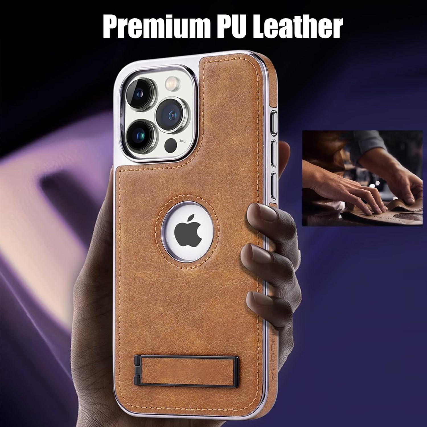 for iPhone 11 to 16 Pro Max Leather Case with Kickstand, 2 Adjustable Stand Modes, Retro Luxury Business Electroplated Edges Military-Grade Drop Protection Slim Cover