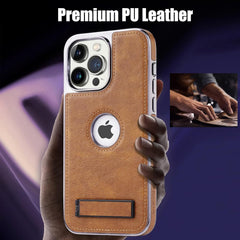 for iPhone 11 to 16 Pro Max Leather Case with Kickstand, 2 Adjustable Stand Modes, Retro Luxury Business Electroplated Edges Military-Grade Drop Protection Slim Cover