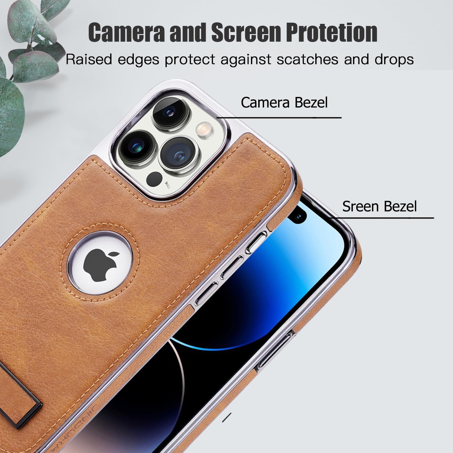 for iPhone 11 to 16 Pro Max Leather Case with Kickstand, 2 Adjustable Stand Modes, Retro Luxury Business Electroplated Edges Military-Grade Drop Protection Slim Cover