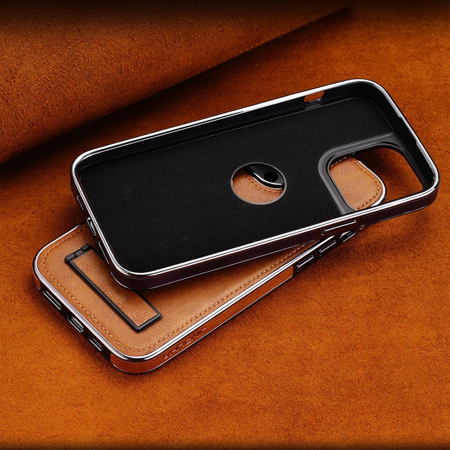 for iPhone 11 to 16 Pro Max Leather Case with Kickstand, 2 Adjustable Stand Modes, Retro Luxury Business Electroplated Edges Military-Grade Drop Protection Slim Cover