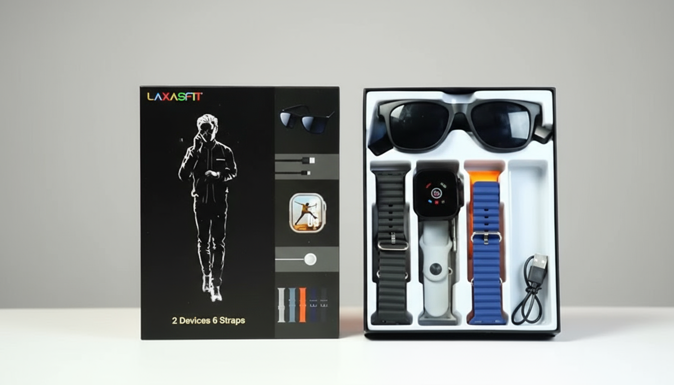 LAXAFIT product packaging with a smartwatch and sunglasses on a dark background