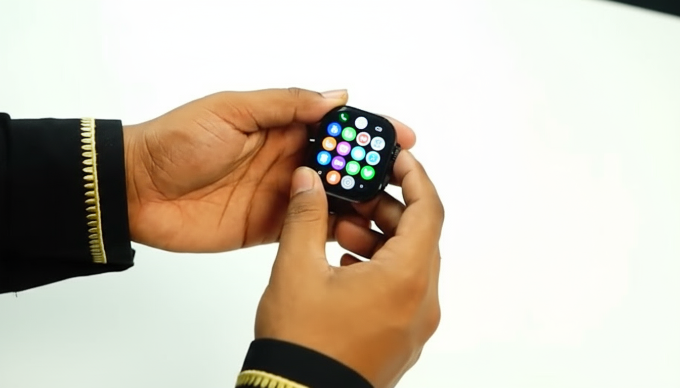 Person holding a small smartwatch with a blurred background